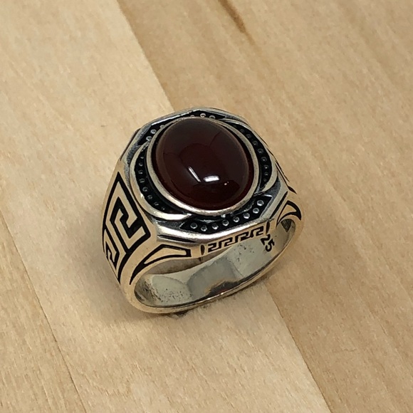 925 Silver Red Agate Mens Ring - Picture 1 of 4